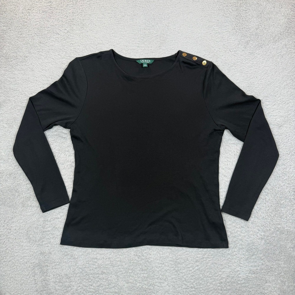 Lauren Ralph Lauren Black Long Sleeve Boat Neck Gold Button Shoulder Top XL
